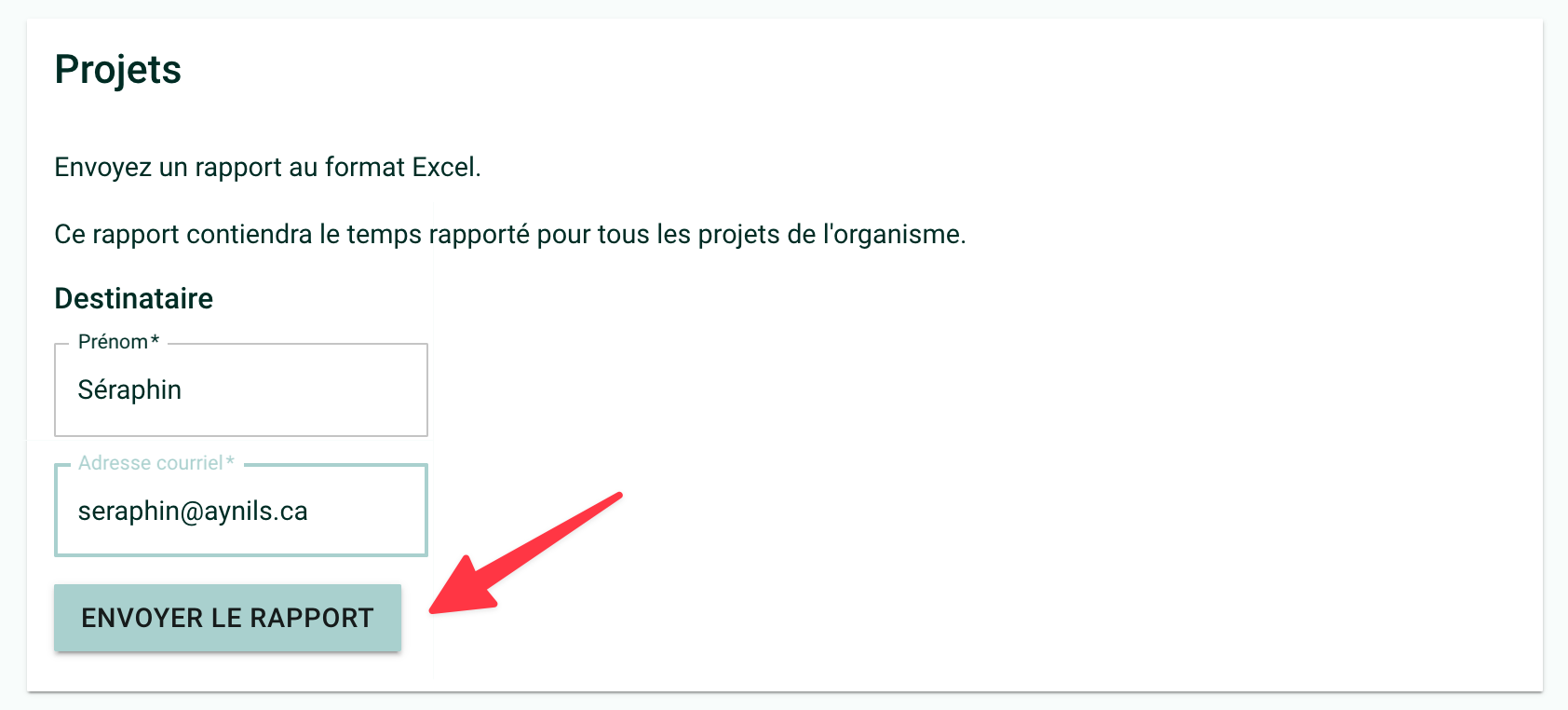 Capture d&#39;écran de la page &quot;Rapport&quot; montrant des champs &quot;Période&quot;, &quot;Nom&quot; et &quot;Prénom&quot;
