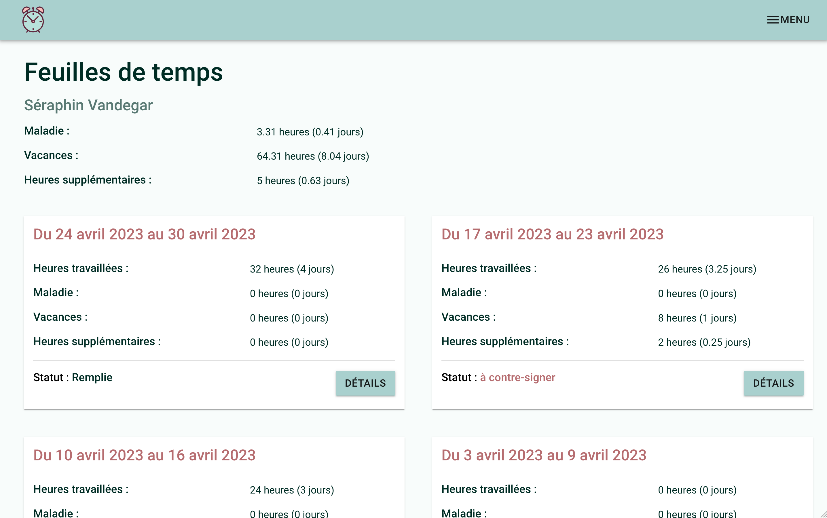 Screenshot showing the summary of hours for Séraphin Vandegar and his timesheets for the last 4 weeks. Each timesheet has a &quot;Details&quot; button