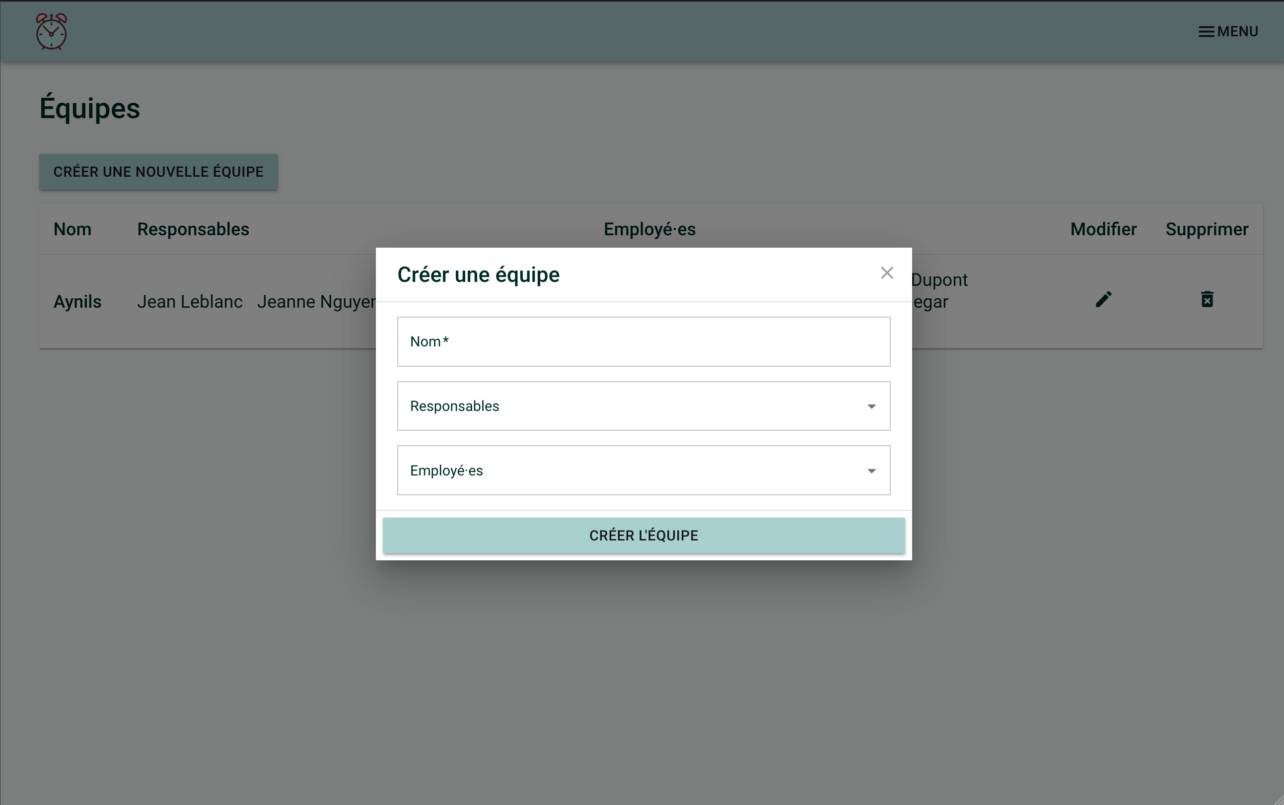 Screenshot showing the team creation form with the fields &quot;name,&quot; &quot;leaders,&quot; and &quot;employees&quot;