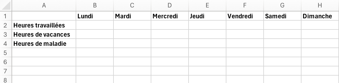 Excel file with three rows: &quot;Hours worked,&quot; &quot;Vacation hours,&quot; &quot;Sick hours.&quot; The columns show the days of the week