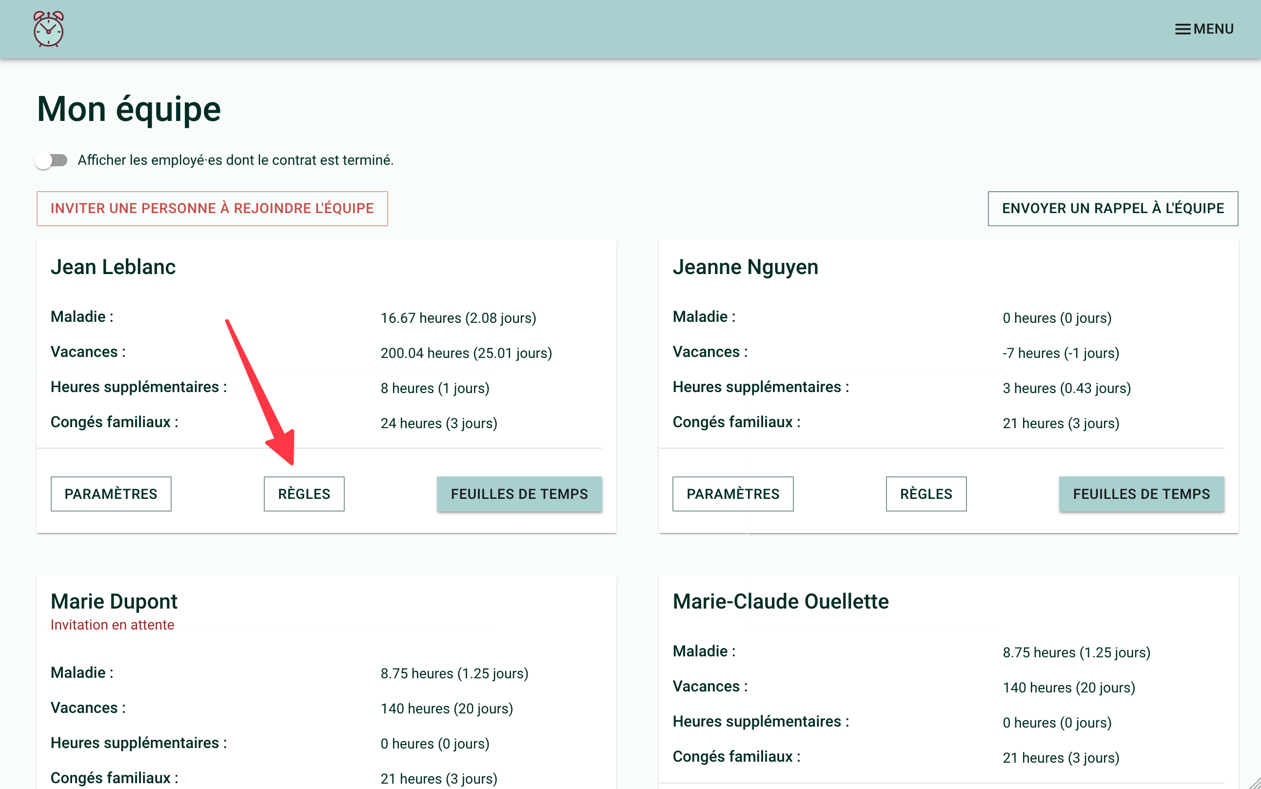 Screenshot of the &quot;My Team&quot; page showing where the &quot;Rules&quot; button is located for an employee