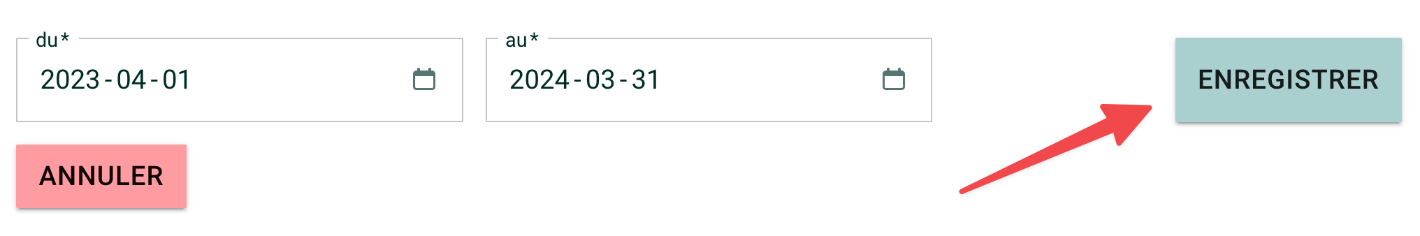 Screenshot showing the fiscal year addition form with a start date, end date, and a save button