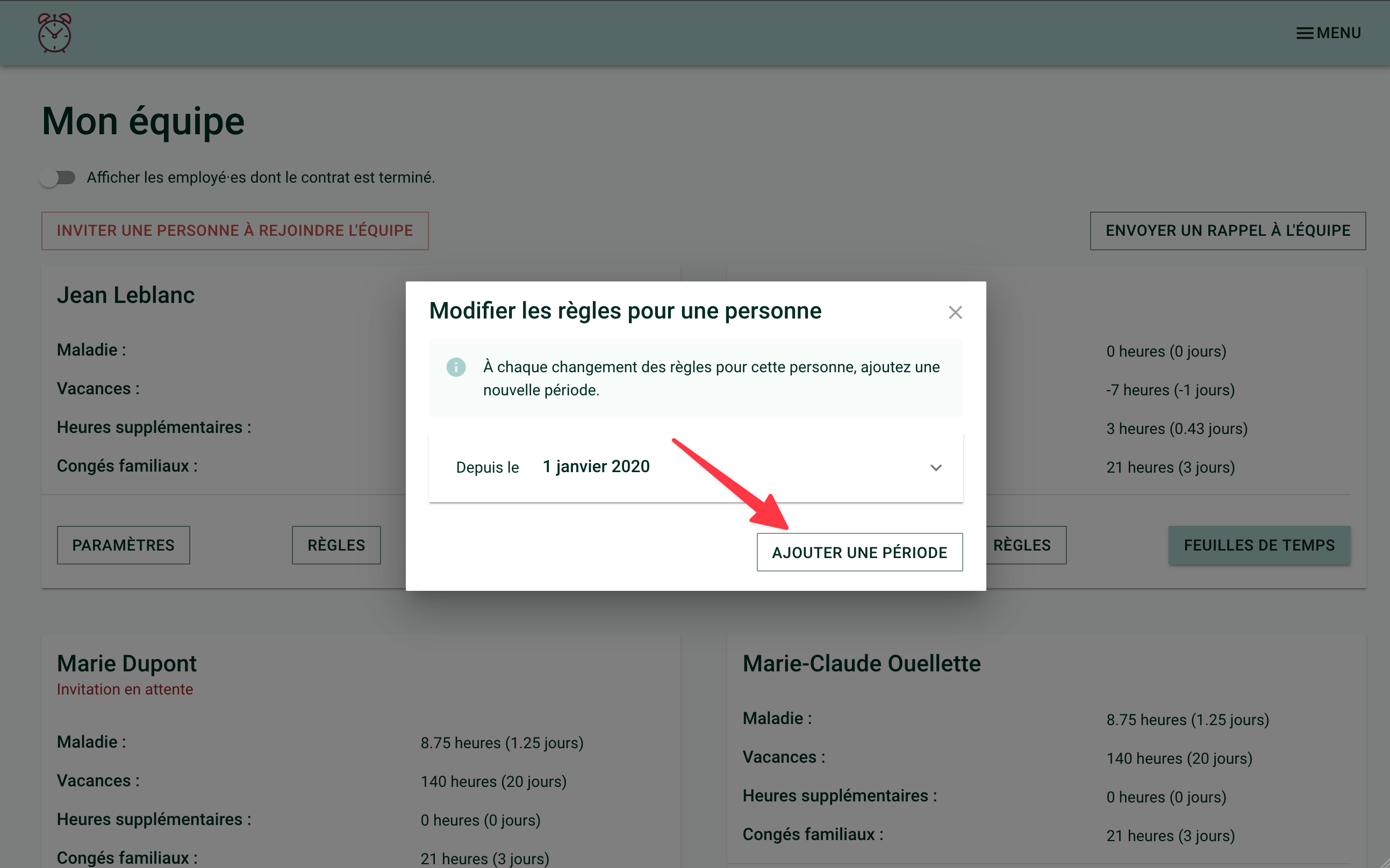 Screenshot showing the rule-setting window. A red arrow points to the &quot;Add a Period&quot; button
