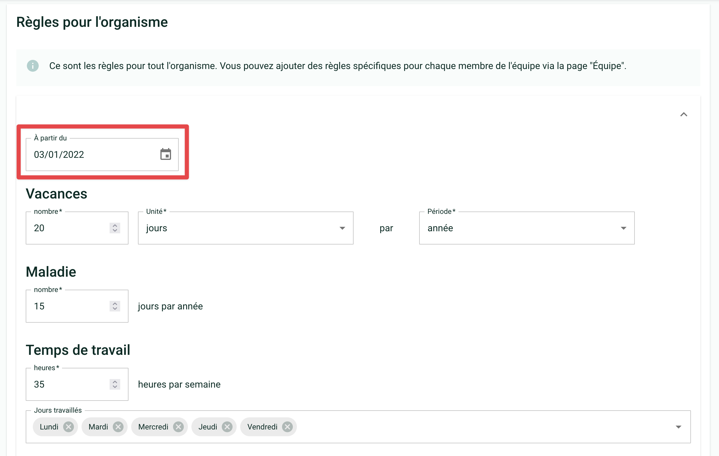 Screenshot showing the rule-setting window. A red square highlights the start date