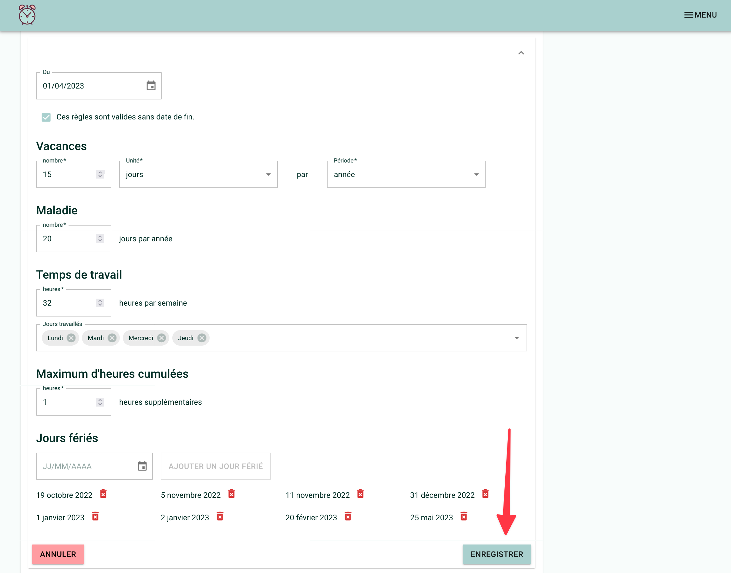 Screenshot showing the rule-setting window. A red arrow points to the &quot;Save&quot; button