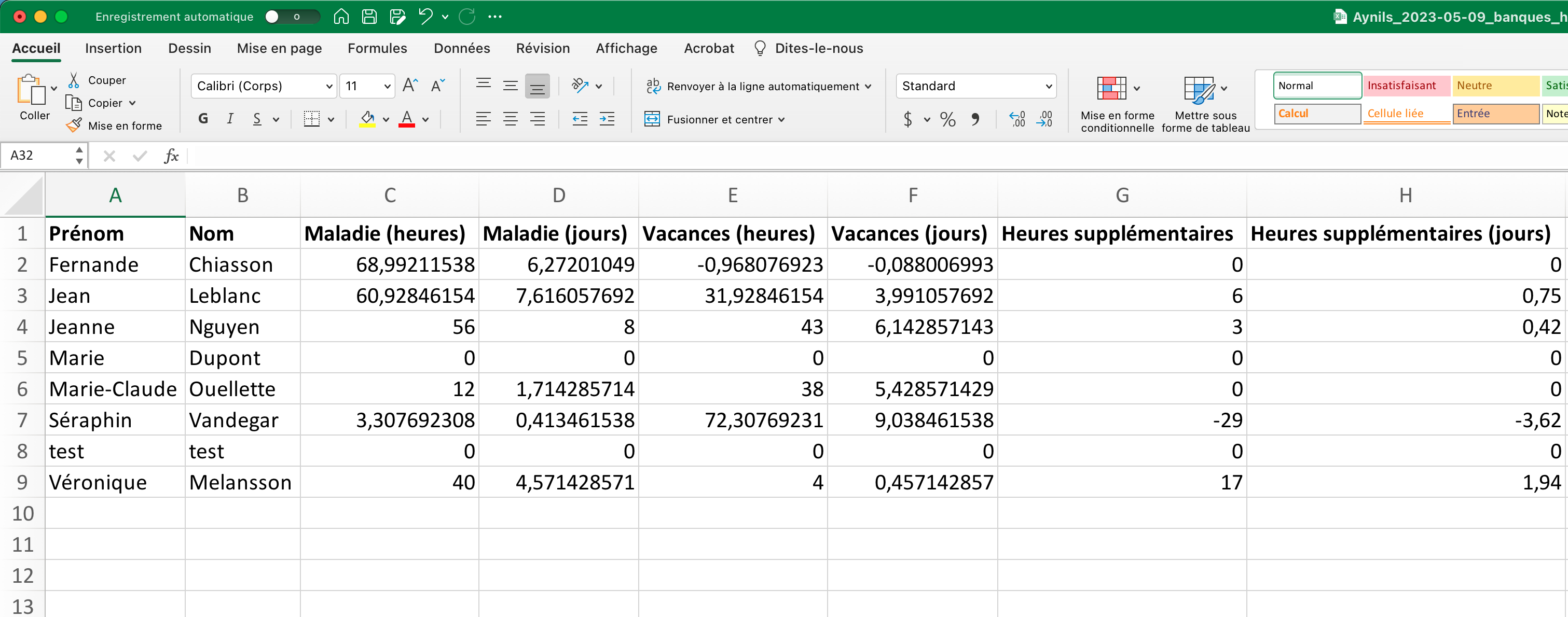 Screenshot of an Excel file showing the summary of hour banks for each employee in the organization