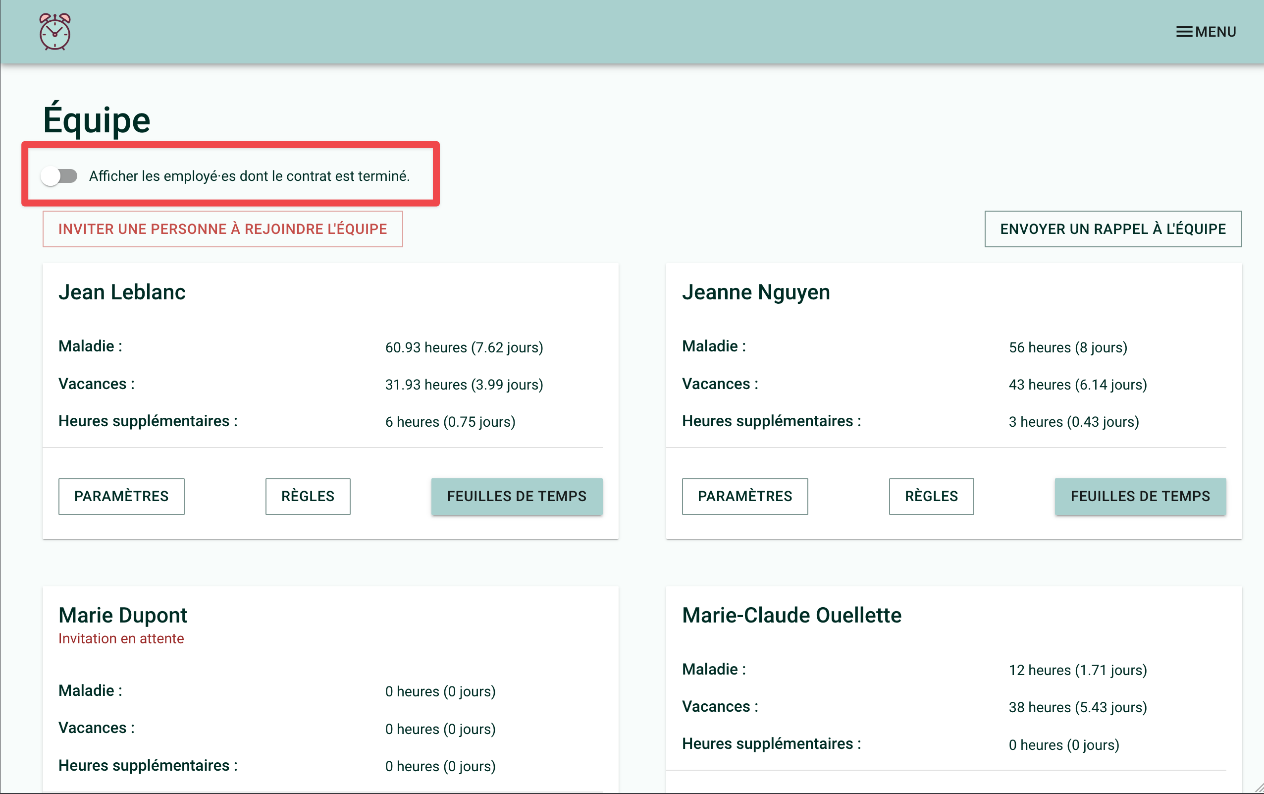 Screenshot of the &quot;My Team&quot; page. The &quot;Show Employees with Ended Contracts&quot; switch is highlighted in red