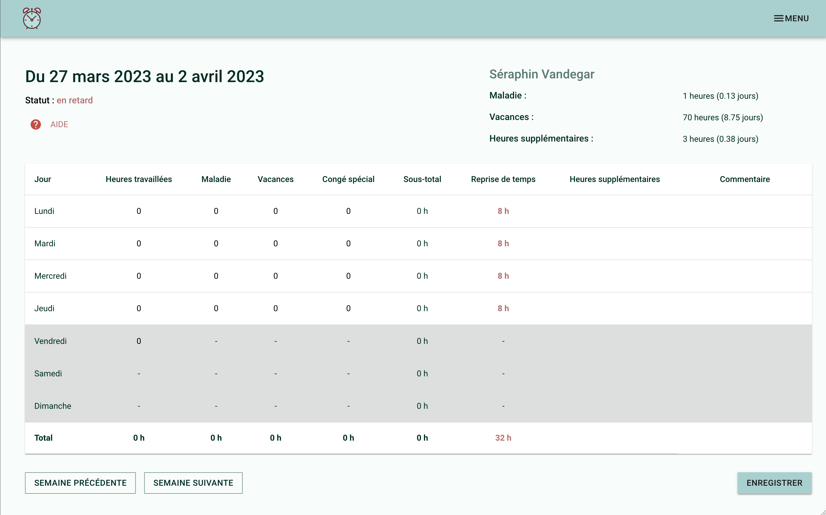 Screenshot showing an empty timesheet