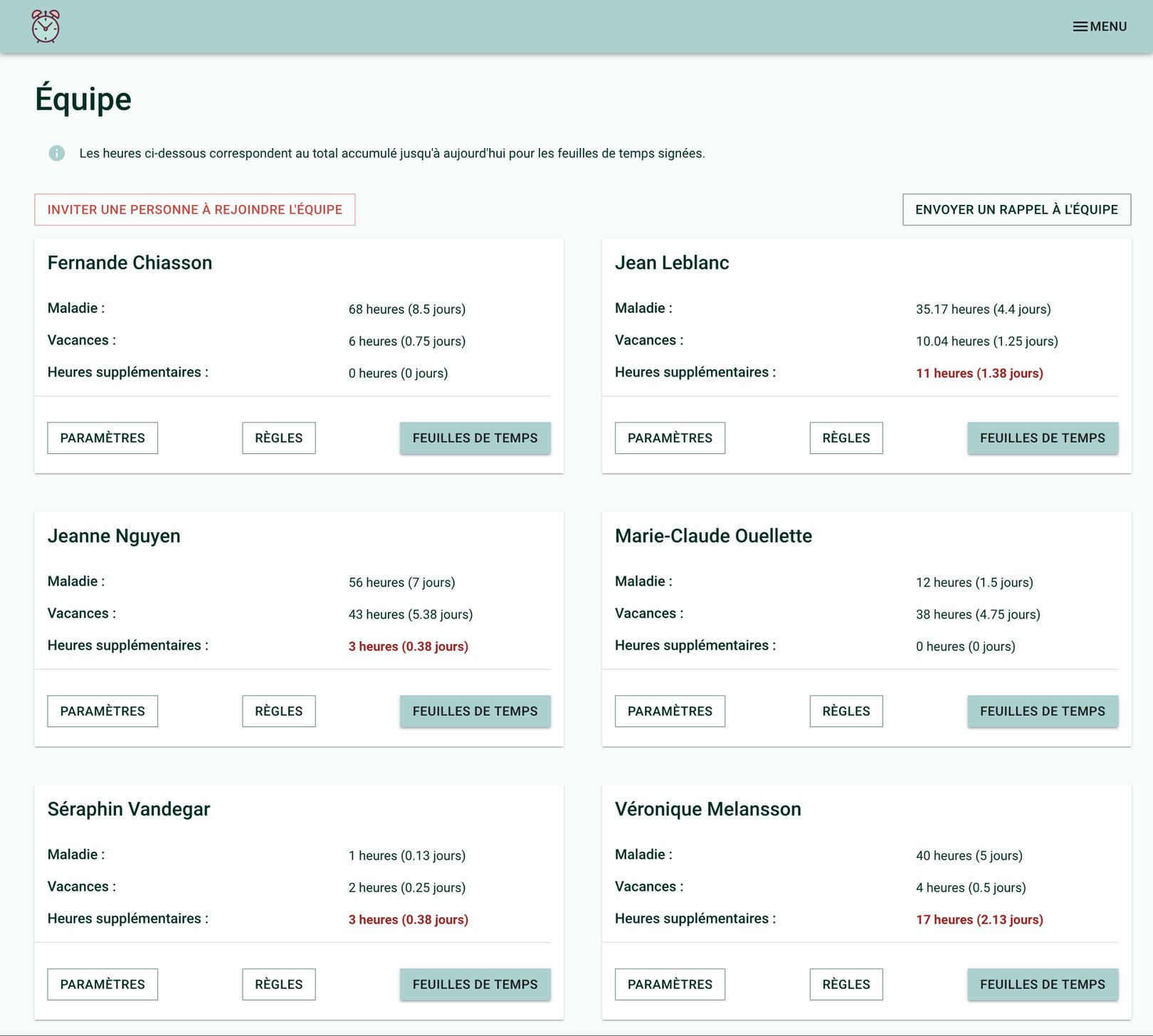 Screenshot showing multiple cards. Each card shows data for an employee : sickness, holiday and overtime