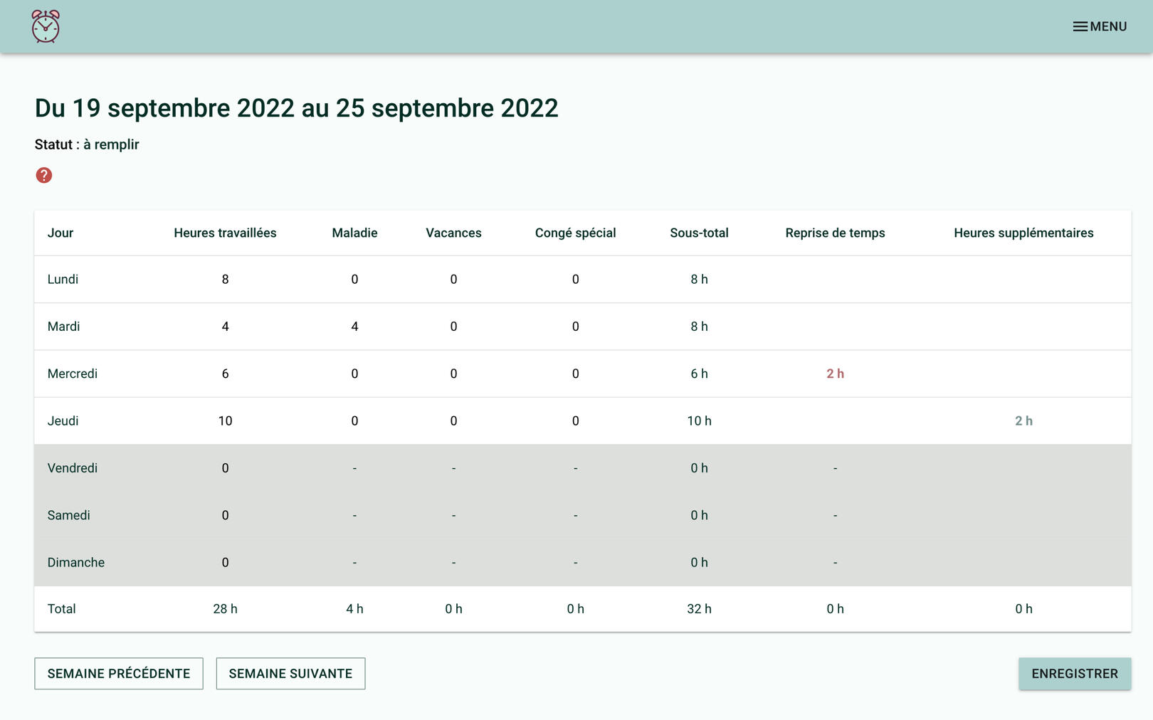 Screenshot showing a table with a line for each week and columns for worked hours, sick hours, holiday hours, special time off, subtotal and overtime.