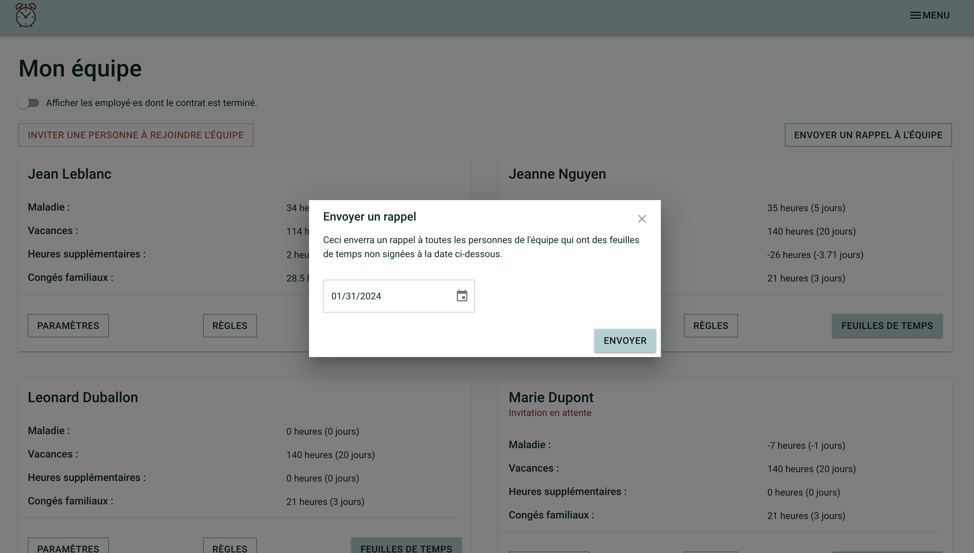 Screencapture asking for confirmation before sending a reminder to the team