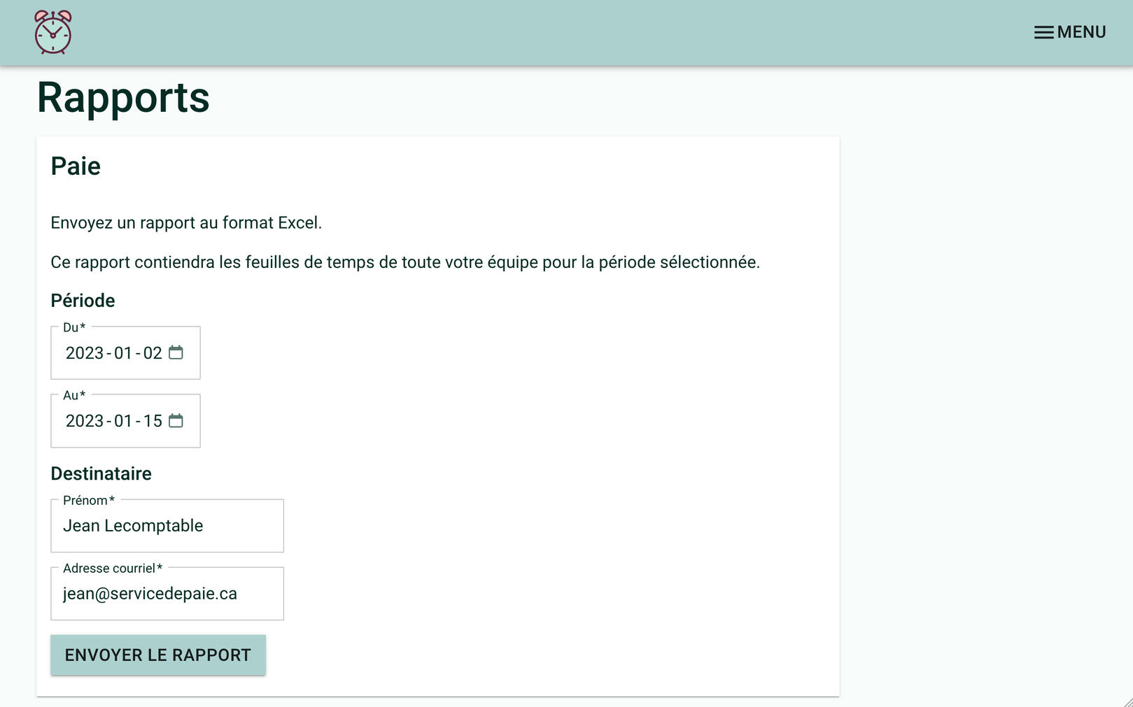 Screenshot showing a form with a start date, an end date, and a recipient to send the payroll report to.